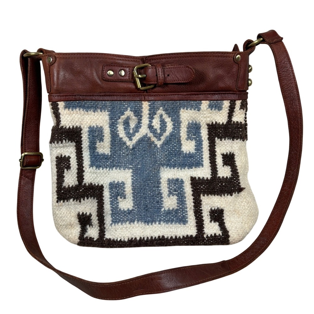 Anabaglish Brown Leather Blue White Woven Cotton Crossbody Bag Southwestern Boho